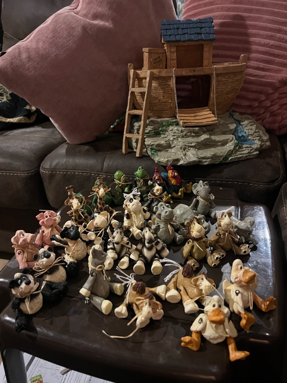 Handmade Wood & Rope Animal Figurine Lot with Noah's Ark